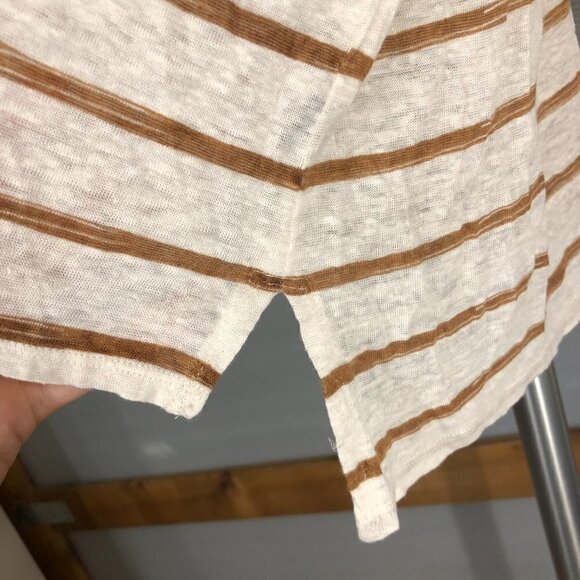 CLUB MONACO 100% Linen‎ Cream Brown Stripe 3/4 Sleeve Oversize Shirt Sz M/L - Picture 6 of 13